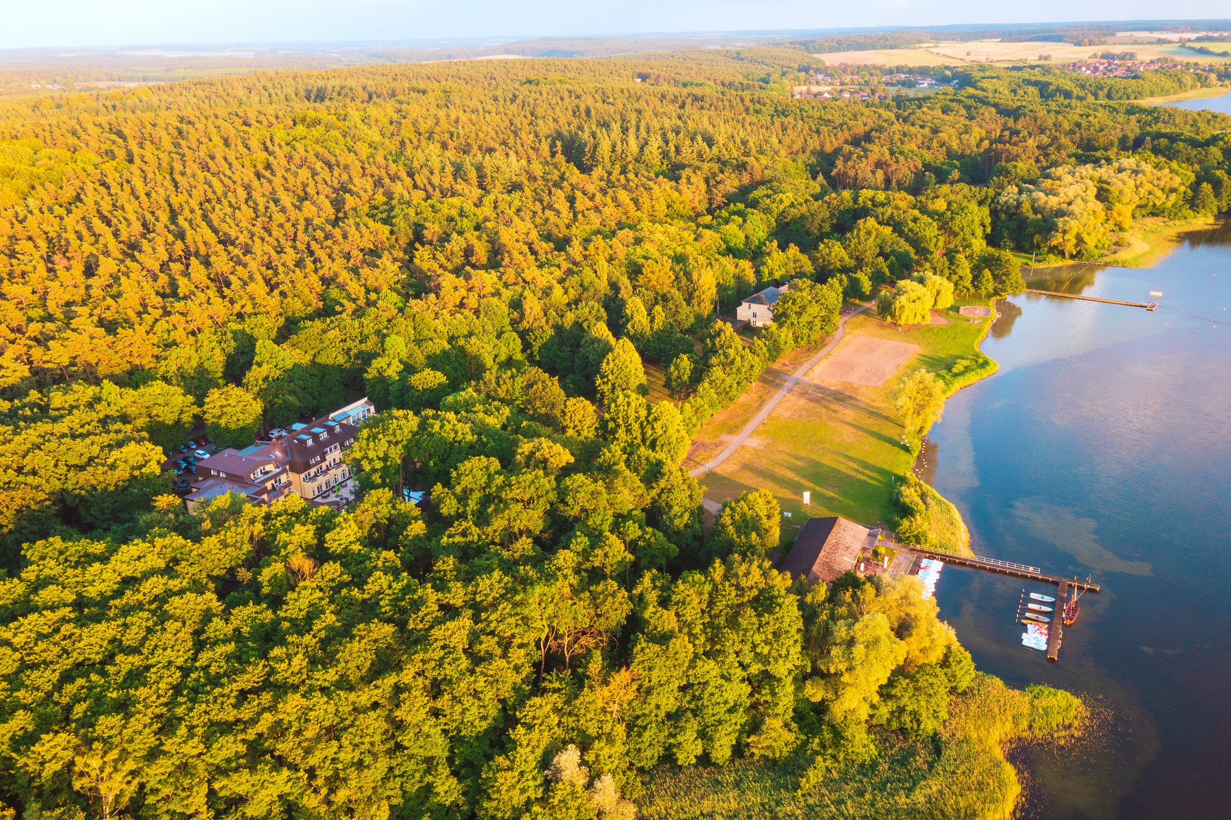 Aerial view of the spa hotel and island lake